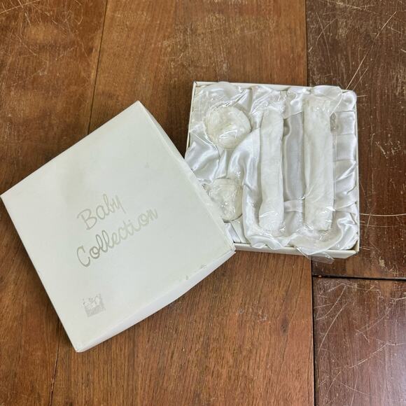 Vintage NEW White Ceramic Baby Fork & Spoon 1st Curl & Tooth Trinkets Gift Set - Picture 1 of 5